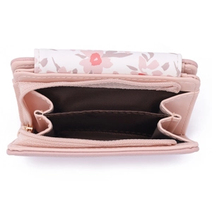 Women's pink tri-fold short wallet with floral flap and gold zipper coin pocket
