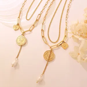Collier Double Couche Acier Titane Plaqué Or 18K Perle Eau Douce Pendentif Pièce Portrait Coeur Rétro Vintage Femmes