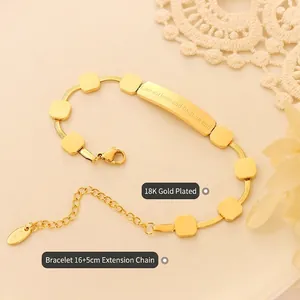 18K gold plated stainless steel engraved plate bracelet with 16+5cm adjustable chain