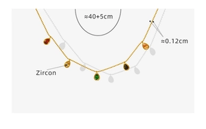 Detail of gold bead chain with five multi-color zircon teardrop pendants and size info