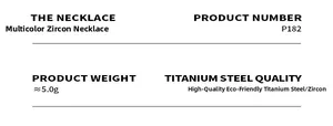 Specifications chart for titanium steel necklace with colorful zircon pendant weight 5g
