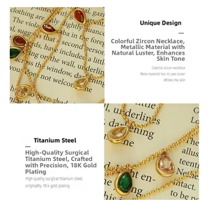 Detail of 18K gold plated titanium necklace featuring colorful teardrop zircon pendants