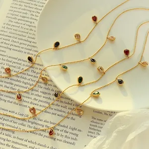 Gold beaded chain necklace with multi-colored teardrop zircon pendants, 40+5cm length