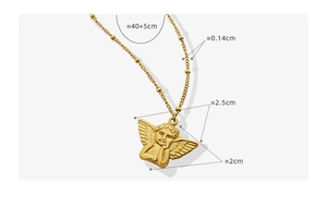 Detailed view of a gold angel pendant necklace with vintage relief and size annotations