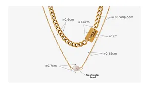 Close-up of double-layer gold chain necklace with square tag and freshwater pearl