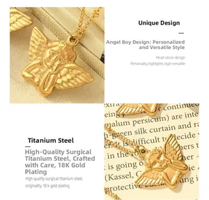 Macro detail of angel pendant necklace in 18k gold plated titanium steel on a book