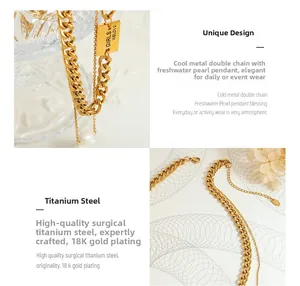 Close-up of 18K gold-plated double-layer titanium necklace with pearl and engraved square tag