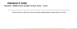 Size chart showing 15+5cm length and 0.4cm width for the knotted geometric bracelet