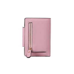 Pink lychee texture PU leather folding wallet with zipper pocket and metal puller