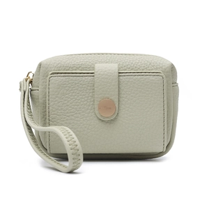 Detail of light green litchi texture PU coin purse with gold zipper and wrist strap