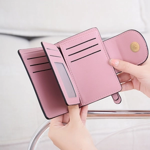 Pink PU leather multi-slot wallet with metal magnetic clasp and functional card holder