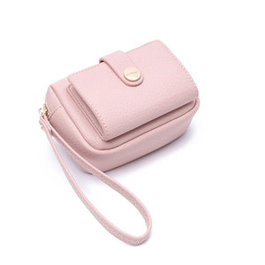 Pink lychee texture PU leather coin purse with golden metal buckle and wrist strap detail