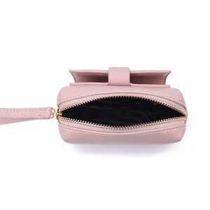 Pink lychee grain PU leather coin purse with golden zipper and black lining detail