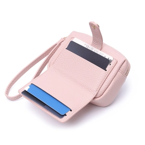 Pink lychee texture leather coin purse with wristlet strap and multiple card slots