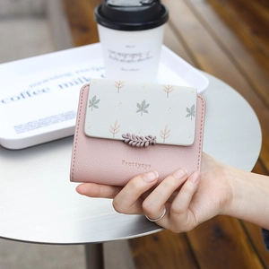 Three-fold PU leather women's wallet with pink leaf print and grey flap closure