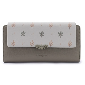 Detail of grey lychee textured long floral wallet with leaf clasp and brand logo
