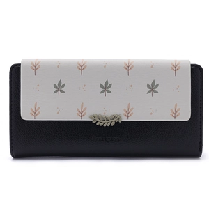 Detailed view of long floral PU leather wallet with lychee texture and leaf metal clasp