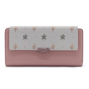 Close-up of pink and grey leaf patterned PU leather wallet with snap closure