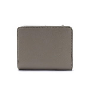 Close-up of grey pebbled PU leather folding wallet featuring delicate floral lining details