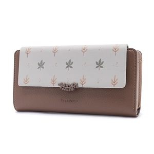 Close-up of floral print long PU leather wallet with leaf charm and zipper detail