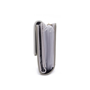 Side view of compact light gray PU leather wallet with functional card slots and gold zipper