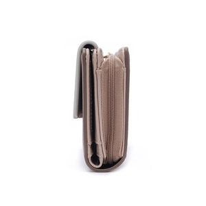 Side view of floral long PU leather wallet with accordion compartments and snap closure