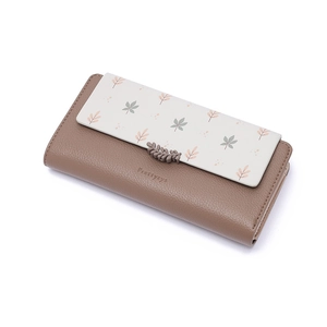 Portefeuille long en cuir PU pour femme avec motif floral et décoration de feuille