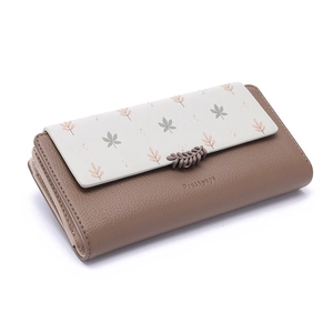 Portefeuille long pour femme en cuir PU avec motif de feuilles et boucle métallique