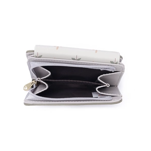 Short PU leather folding wallet for women with floral print and gold zipper compartments