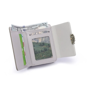 Three-fold PU leather wallet in light grey with multiple card slots and cash compartment