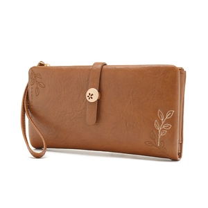 Brown long leather wallet for women with floral clasp and elegant leaf embroidery