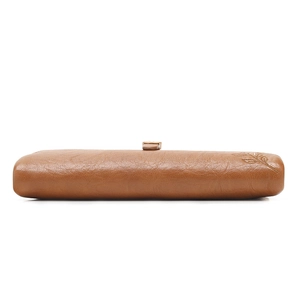 Detail of brown leather long wallet with embossed leaf pattern and button closure