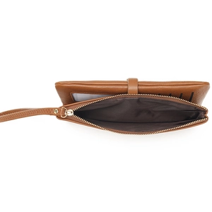 Detail view of brown leather wallet with wrist strap, internal card slots and zipper pocket