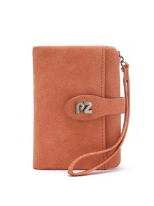 Detail of orange matte leather mini wallet featuring silver PZ logo and wrist strap