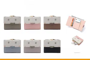 Detailed multi-color display of women's leaf-themed tri-fold wallets in six elegant shades