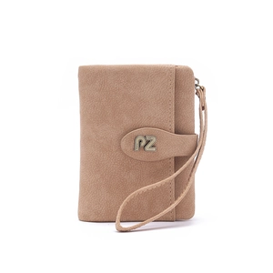 Detail of khaki mini coin purse with wrist strap and signature PZ metal buckle closure