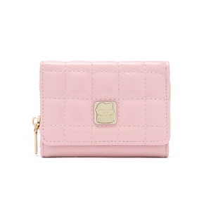 Close-up of pink quilted faux leather wallet featuring a gold plaque and metal zipper