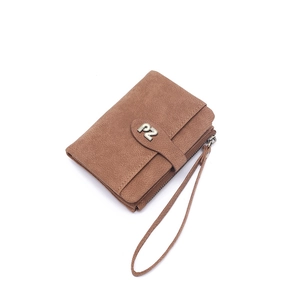 Detail of dark khaki matte mini wallet with wrist strap and metal PZ logo plaque