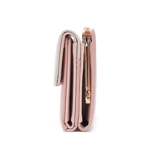 Side view of multi-layer folding pink wallet with gold metal buckle and pebbled leather texture