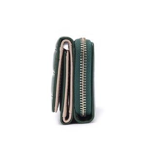 Quilted green PU leather tri-fold wallet for women with gold zipper compartment