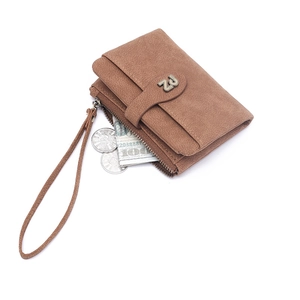 Brown vintage frosted leather wallet for women with wristlet and metal ZP magnetic buckle