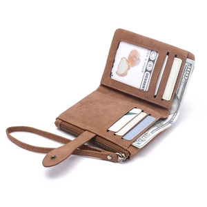 Brown vintage matte leather bifold short wallet for women with wristlet and card slots
