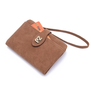 Brown vintage matte leather mini wallet for women with metal buckle and hand strap