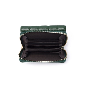 Dark green quilted PU leather accordion wallet with multiple card slots and gold zipper