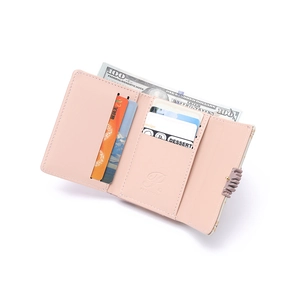Pink faux leather foldable wallet for women with card slots and zipper compartment