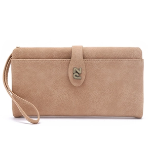 Detail view of the beige faux leather long wallet with wristlet strap and PZ metal logo