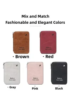 Close-up of travel passport wallets in brown, red, gray, pink, and black colors