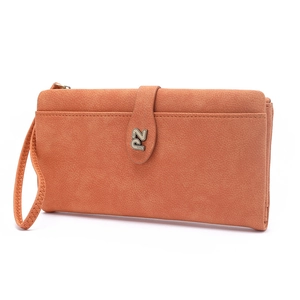 Detailed side view of orange vintage long wallet with metal logo and wrist strap