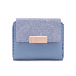 Close-up of the metal buckle on a gray-blue bifold wallet with refined leather texture