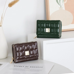 Quilted faux leather short wallets in dark green and coffee with gold zipper detail
